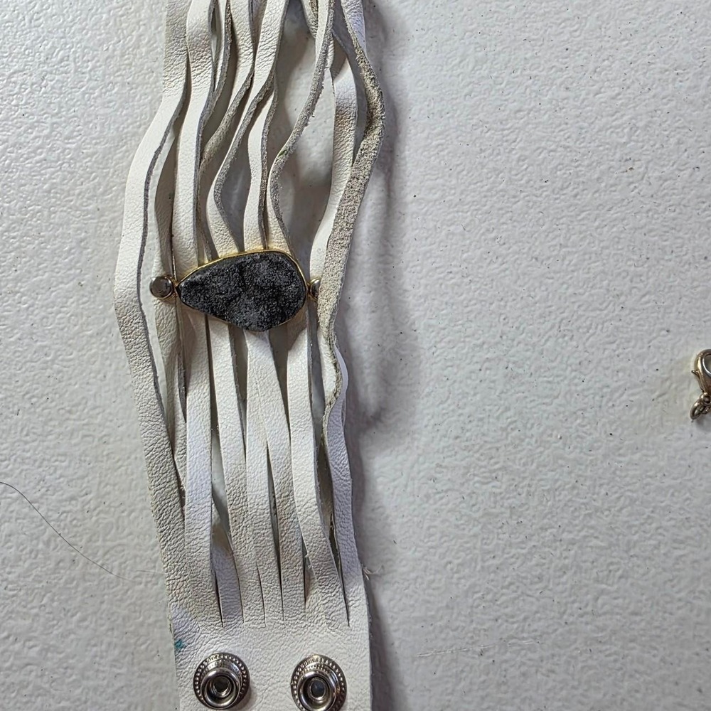 White Leather Multi Strand Fringe Cuff Bracelet with Grey Druzy Stone Boho Wide